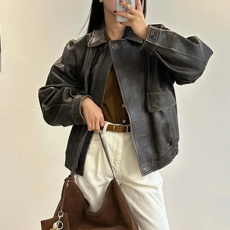 Vintage Leather Bomber Jacket Chic Lapel Cropped Outwear For