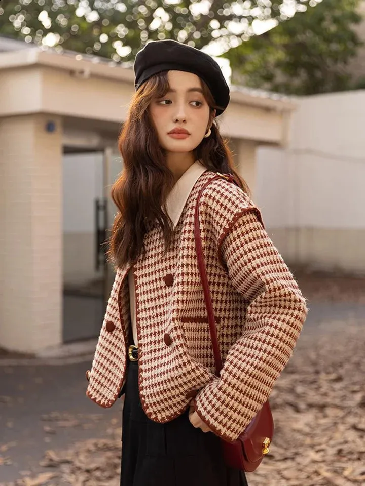 Zoki Vintage Plaid Tweed Jackets For Women French From