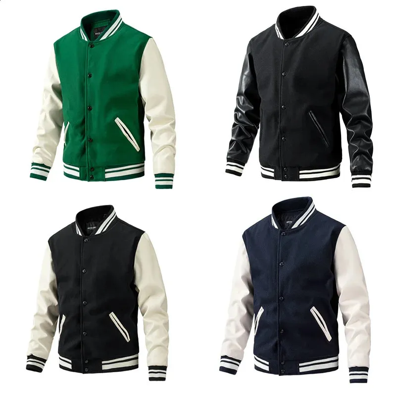 Mens PU Leather Baseball Varsity Jacket Hooded Regular Length for ...