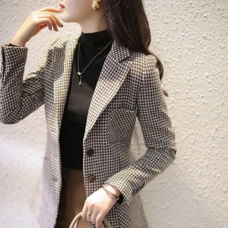 Womens Wool Blend Check Jacket - Stylish Tweed Blazer Coat, Korean