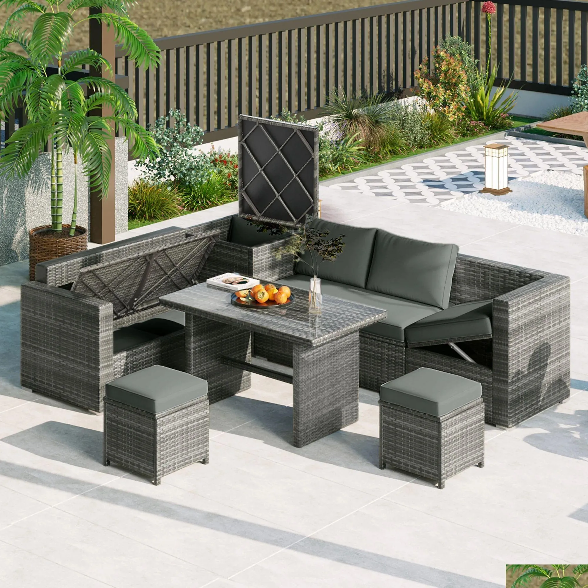 Rattan 6 Piece Patio Sofa Set Adjustable Seat Storage Box Outdoor Garden Furniture Drop Delivery Home
