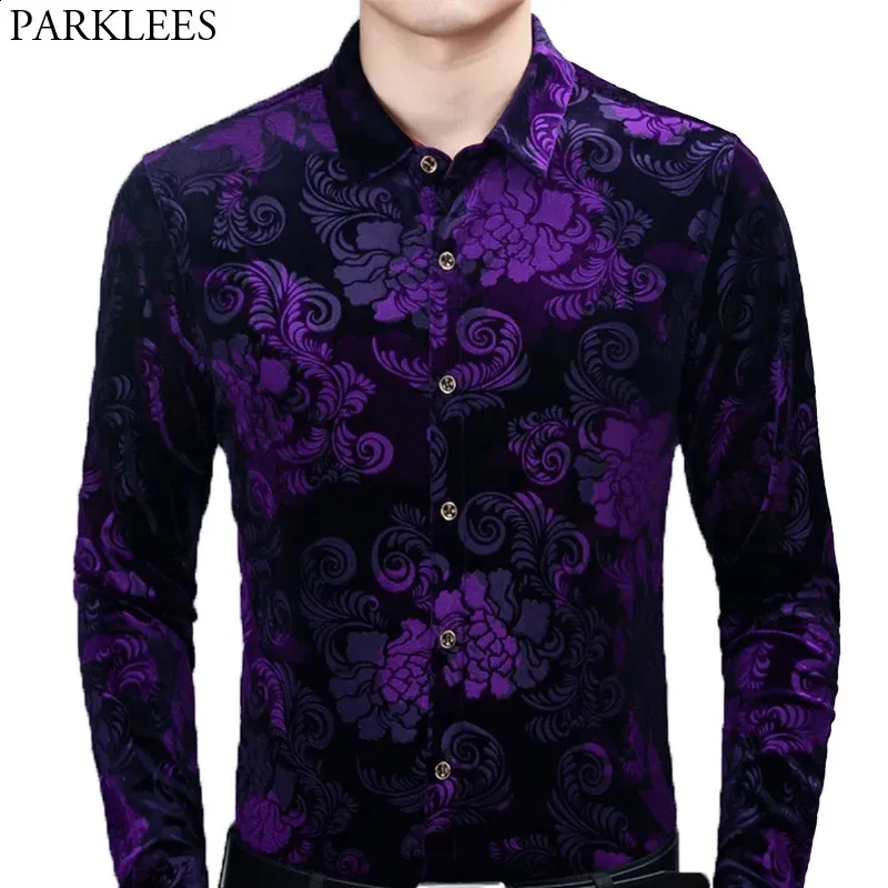 Camisa Floral De Terciopelo Púrpura Para Hombres Velor Delgado De