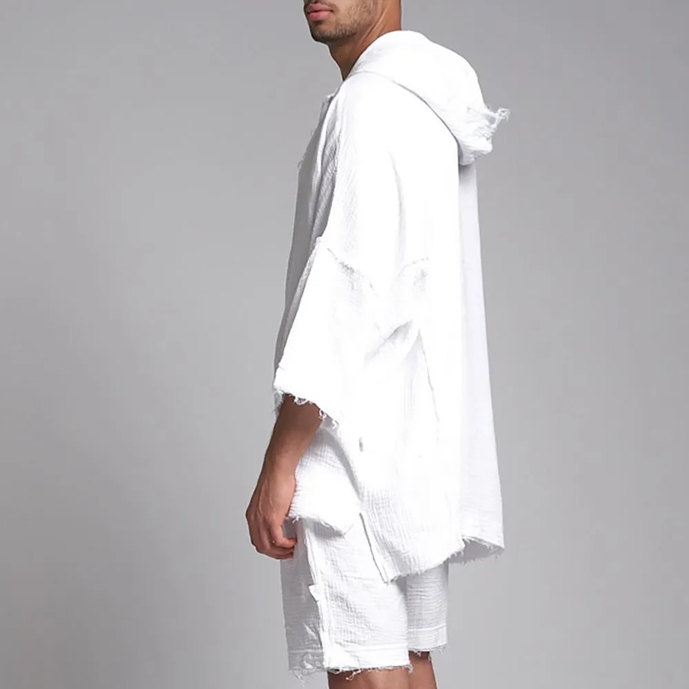 2024 Spring/Summer Mens Linen Hooded Mens White Linen Shirt 3/4 
