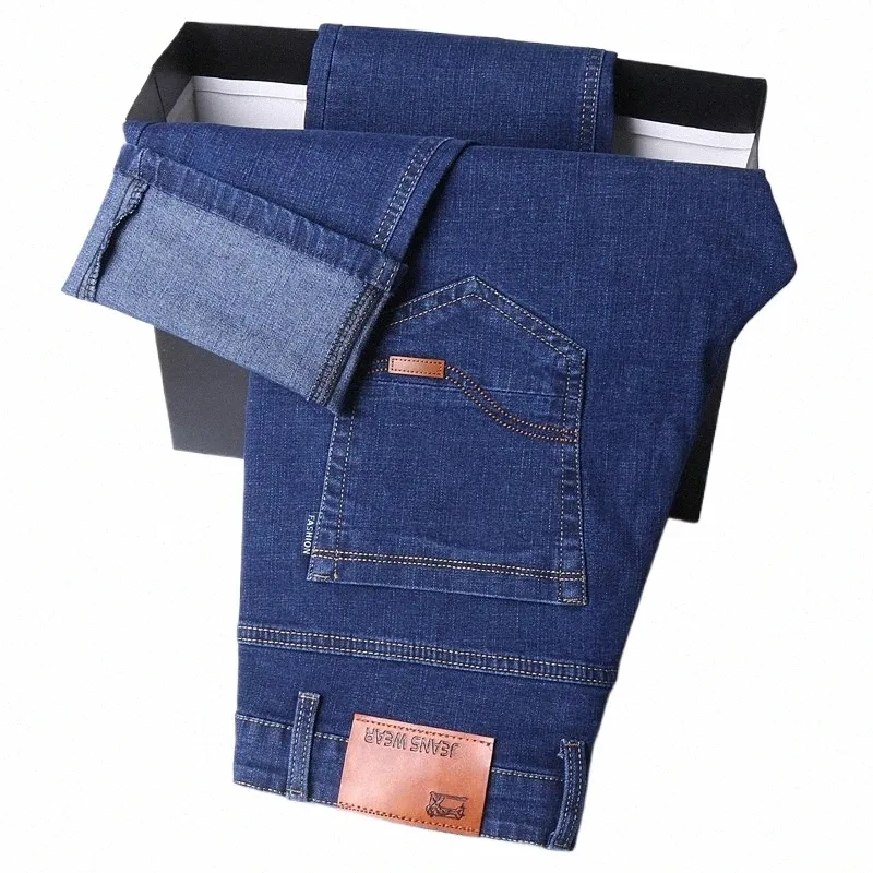 High Quality Blue Busin Stretch Denim Slim Straight Fit