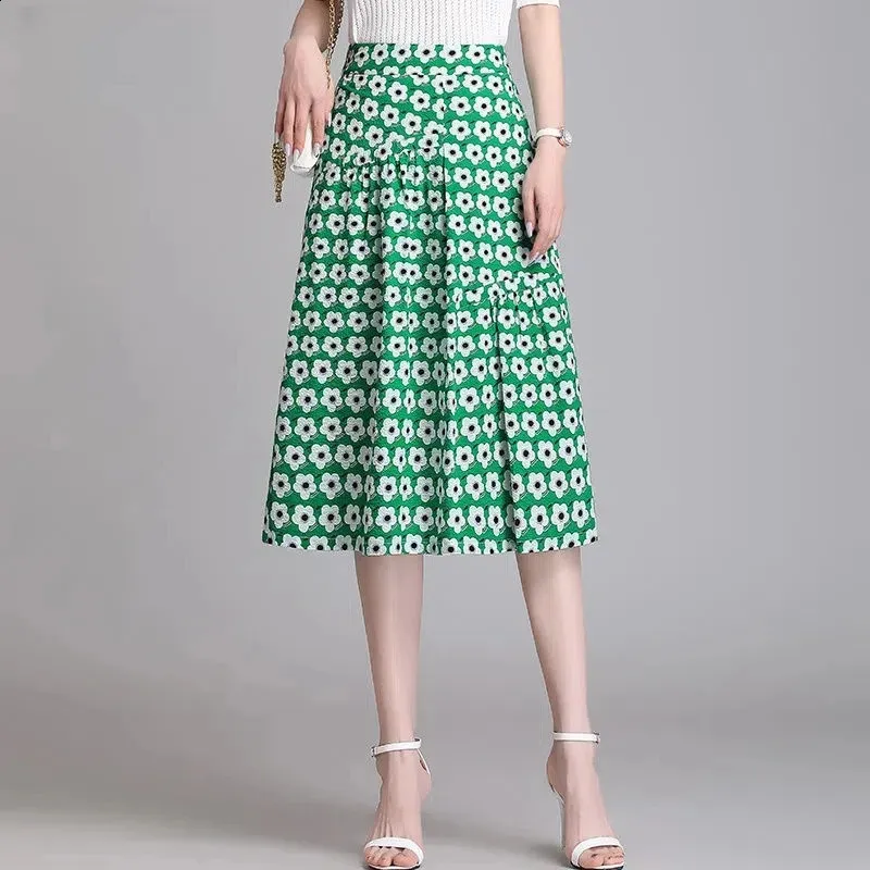 Floral Print Knee Length Skirt Elastic High Waist, Comfortable
