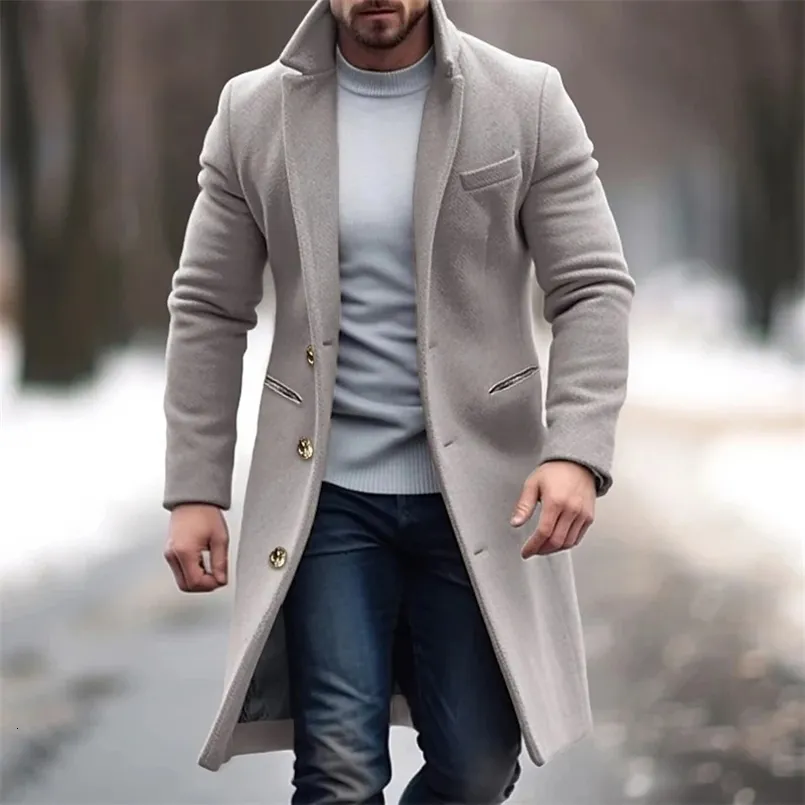 Winter Men's Single Breasted Woolen trench coat - Mid Length 