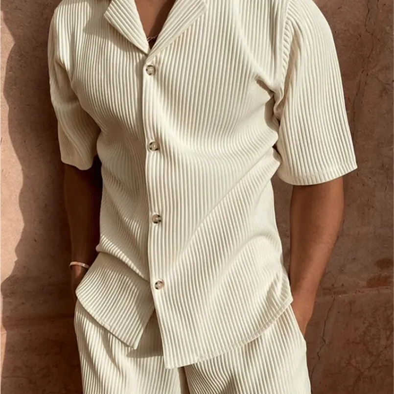 Solid Color Corduroy mens shorts and Shirts Set for Spring