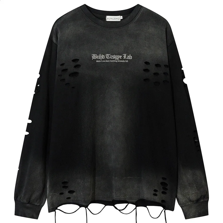 トップス JIMWAG Shadow long Tshirt BLACK Ripped Hip Hop Long Sleeve T-Shirt Men - Harajuku Oversized