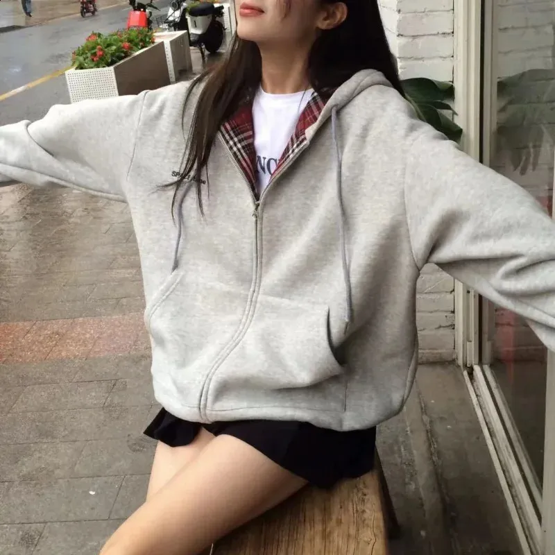 Anime Hooded Sweatshirt: Harajuku Style Gray And Red Plaid