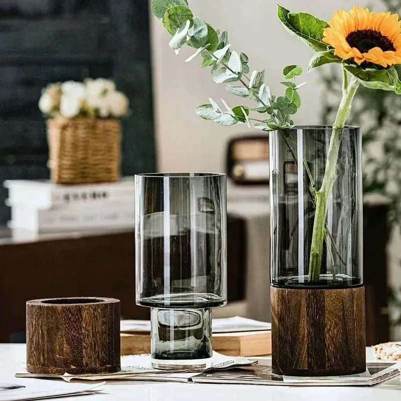 Elegant Glass Vase with Wood Base - Perfect for Hydroponics & Home