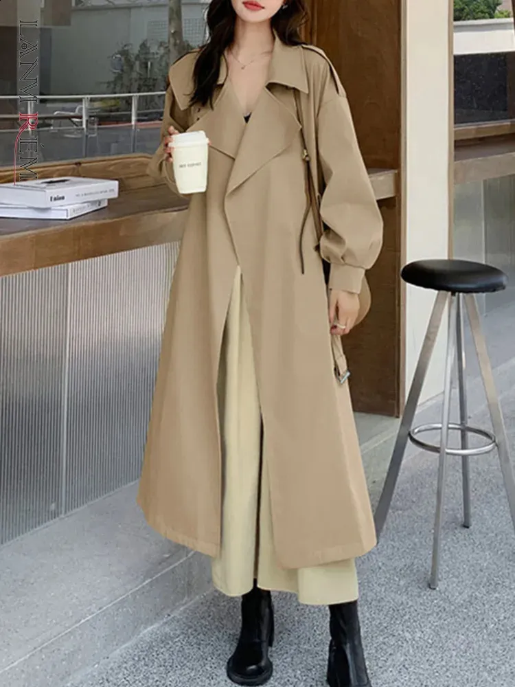 LANMREM Womens Long Trench Coat Korean Style Windbreaker With
