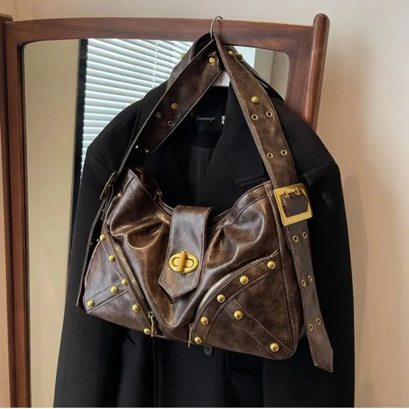 Vintage Rivet Coffee Shoulder Bags for Women: Y2k Grunge Tote Bag, Large Capacity, Moto Biker Messenger Bag Handbag, Chic 2024 Vintage Rivet Coffee Shoulder Bags for Women: Y2k Grunge Tote Bag, Large Capacity, Moto Biker Messenger Bag Handbag, Chic 2024