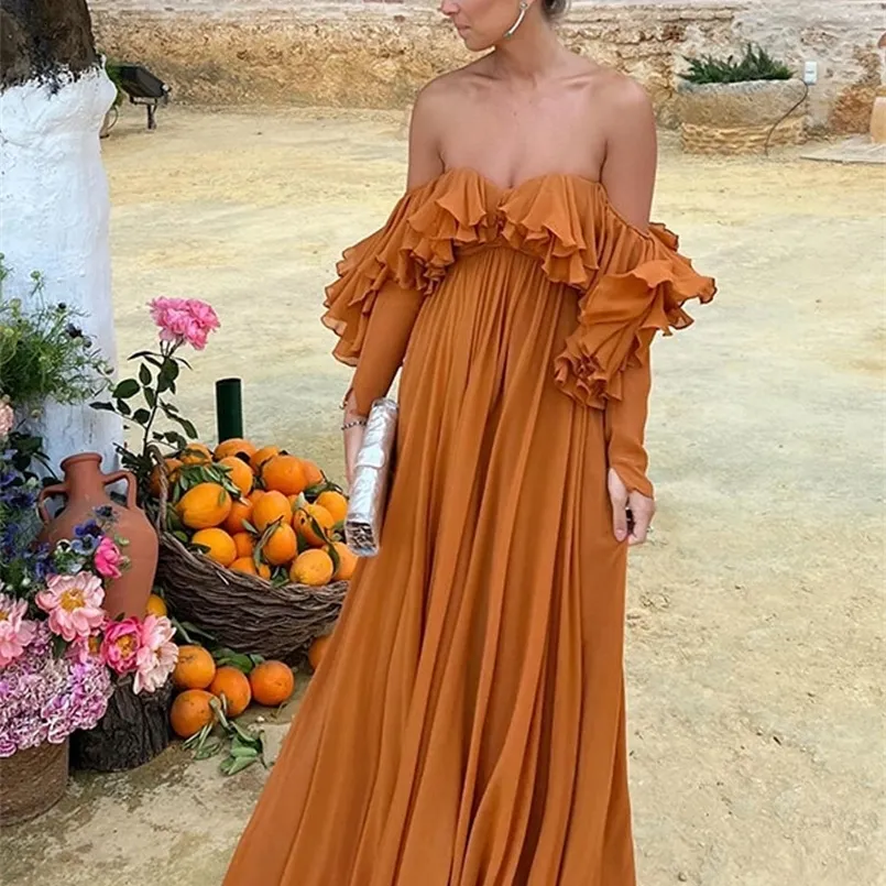 Summer Elegant Solid Ruffled Maxi Dress Women Off Shoulder High Waist  Floor-Length Chiffon