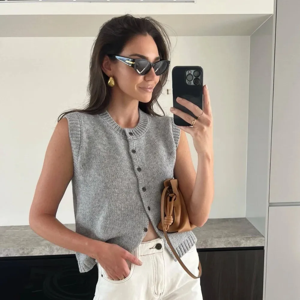 Chaleco De Punto Sin Mangas Para Mujer – Cuello En V, Ligero Y Elegante, Ideal Para Capas En Verano
