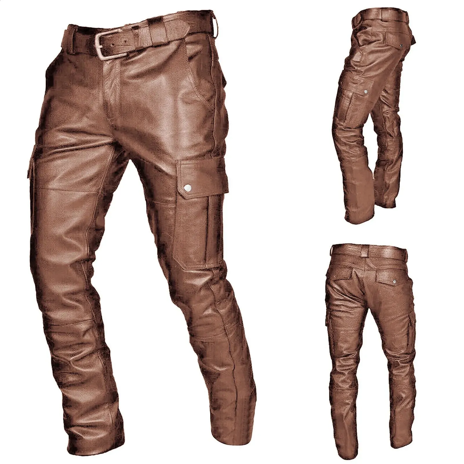 240812 Mens PU Leather Pants Casual Versatile Style With Straps