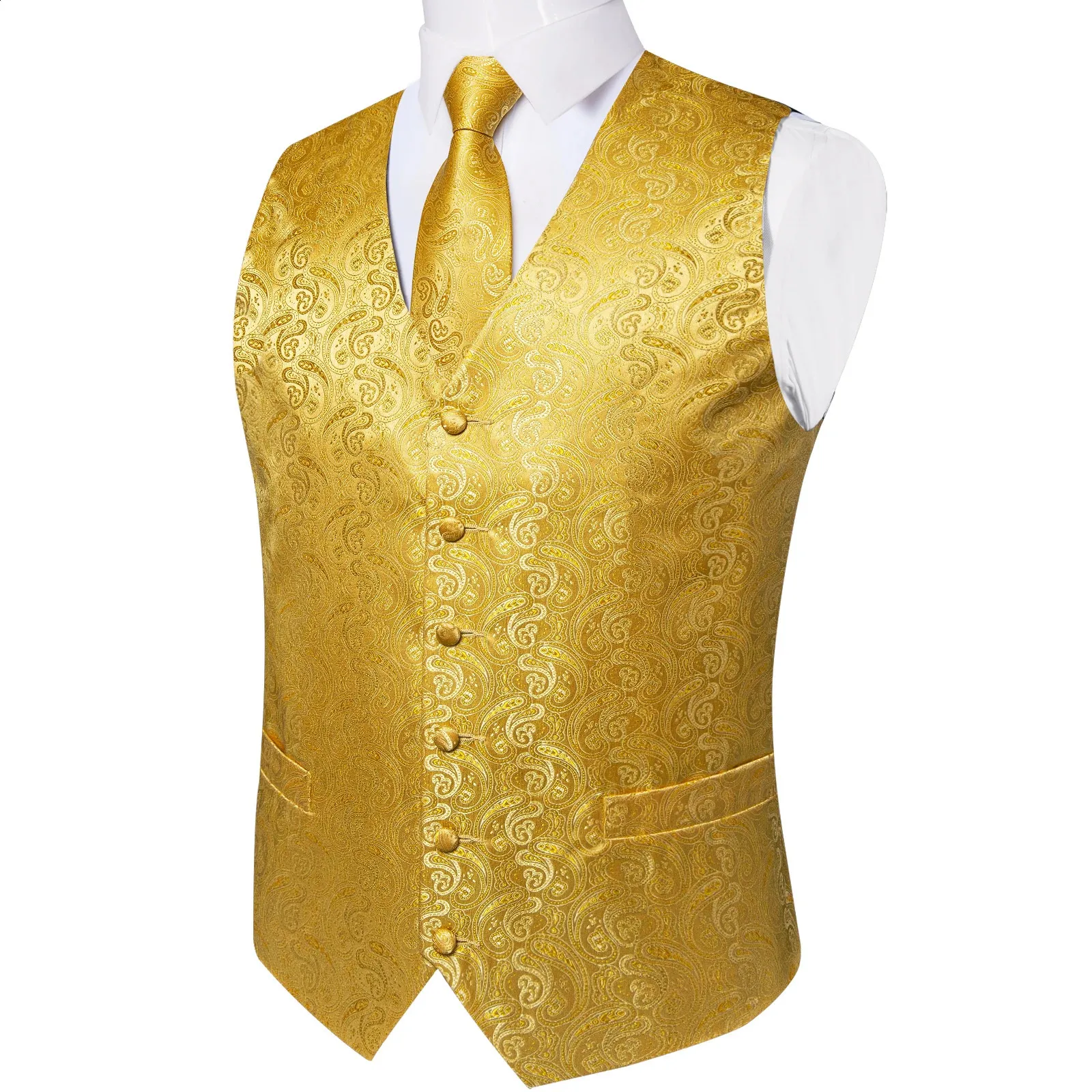 green emerald velvet dress Men's Gold Satin Vest with Neck Tie XL / Yellow