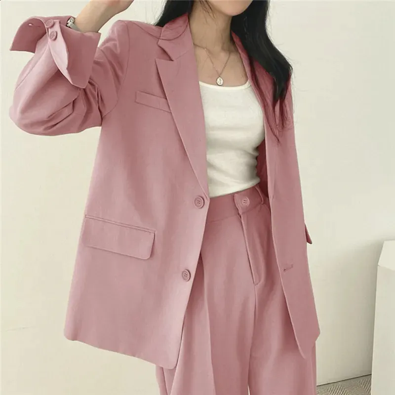Pink Womens Two Piece Suit: Blazer & Long Pants Set - Korean