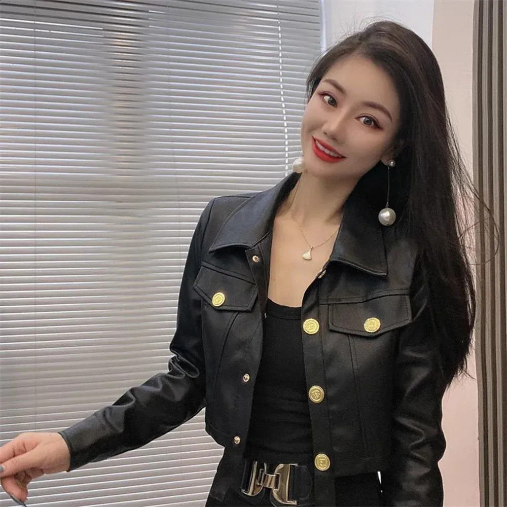 Women Leather Jacket Crop Top with Metal Buckle Asymmetric Length