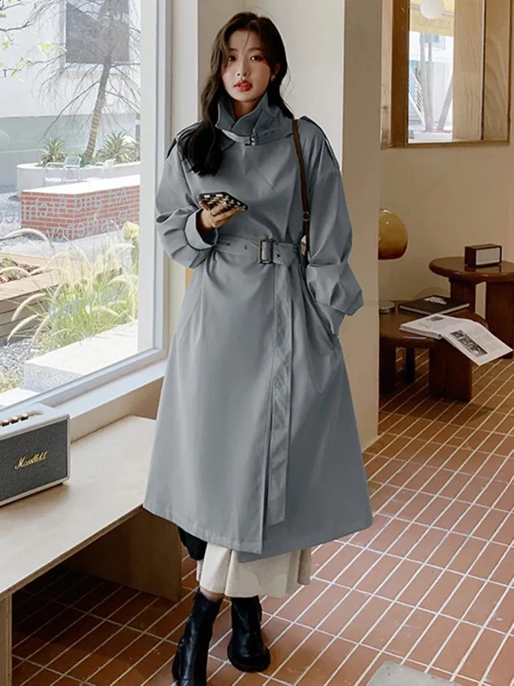 LANMREM Womens Long Trench Coat Korean Style Windbreaker With