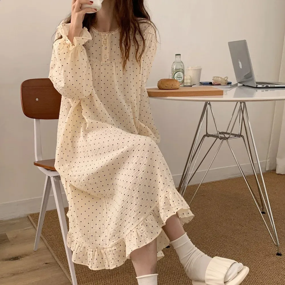 Save Big on Bulk Long Sleeved Polka Dot Dress Korean Nightwear Polka Dot  Ruffle Nightgown: Women's Spring Long Sleeve O Neck One Piece Home Wear,
