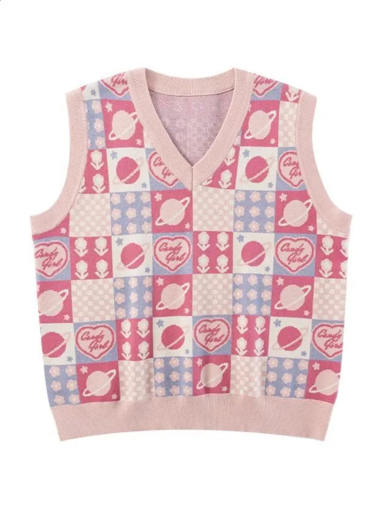 Kawaii Pink Clothing: Preppy Style Knitted Vest Loose Floral V