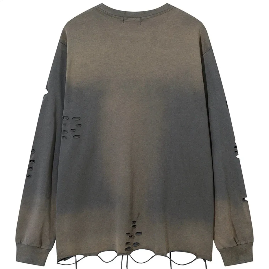 Ripped Hip Hop Long Sleeve T-Shirt Men - Harajuku Oversized