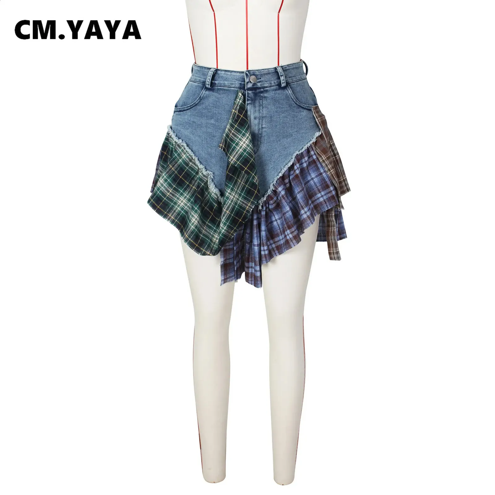 Jupe Mini Jupe Plissée En Denim, Jupe En Jean Patchwork: Jupe De Cargaison A Line À Carreaux Pour Femmes Avec Détail De Bande Du 22,75 € | DHgate