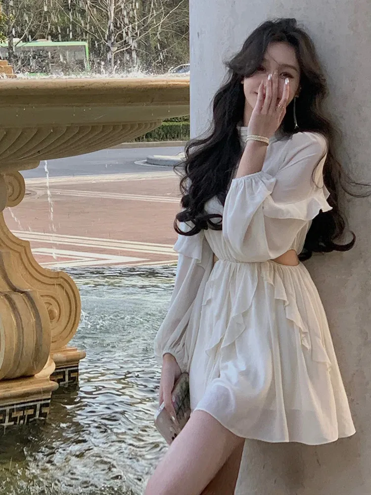 Beach Style Chiffon Mini Dresses - Long Sleeve Casual One-Piece for Office  & Summer - Elegant Korean Fashion Clothing