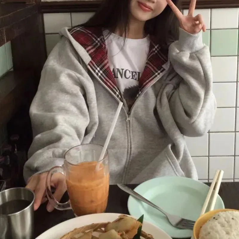 Anime Hooded Sweatshirt: Harajuku Style Gray And Red Plaid