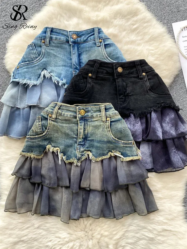 Denim Mini Skirts: Chic Ruffled Patchwork A-Line Shop Now!