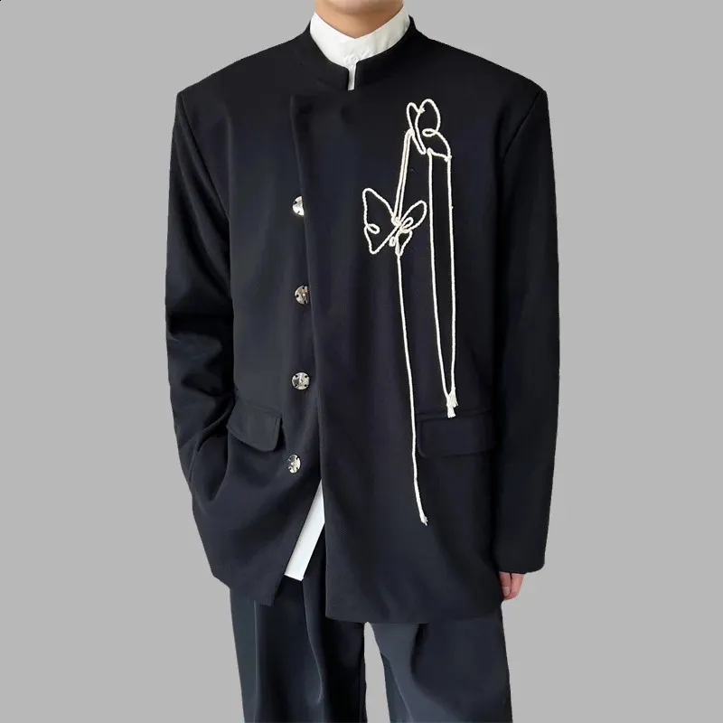 ジャケット・アウター Ethnic Embroided Design No Collar Jacket HBODHBGS Men's Chinese-Style Embroidered Jacket with Stand