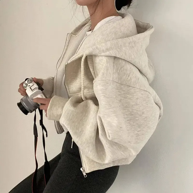 ★韓国人気★LOOKPLE★LOOK PELLET OVER SWEATSHIRT Stylish Korean Style Cropped Hoodie: Autumn Warm Zip Up