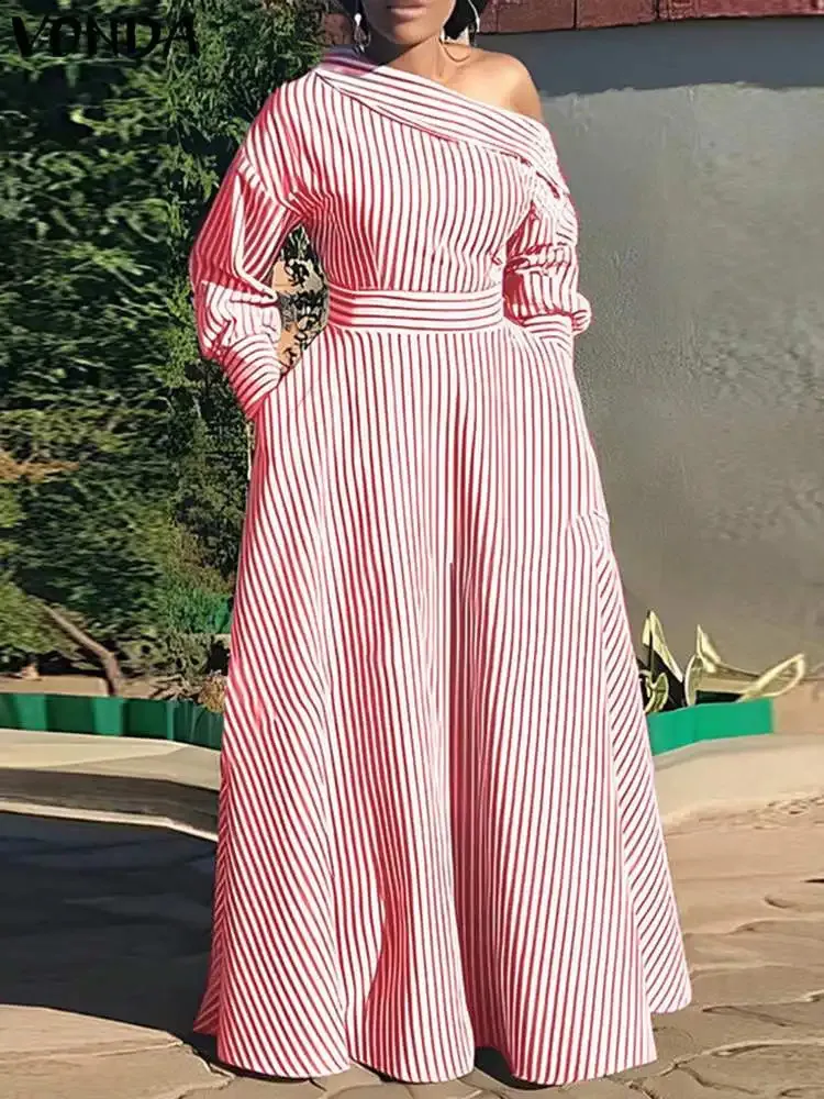 vonda lady dress VONDA Women Striped Maxi Dress - Bohemian Off Shoulder Long Sleeve Sundress