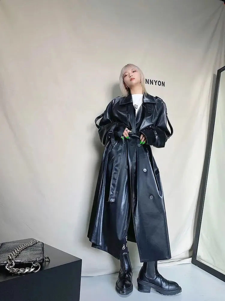 Womens Black Leather Trench Coat - Retro Biker Style, Long