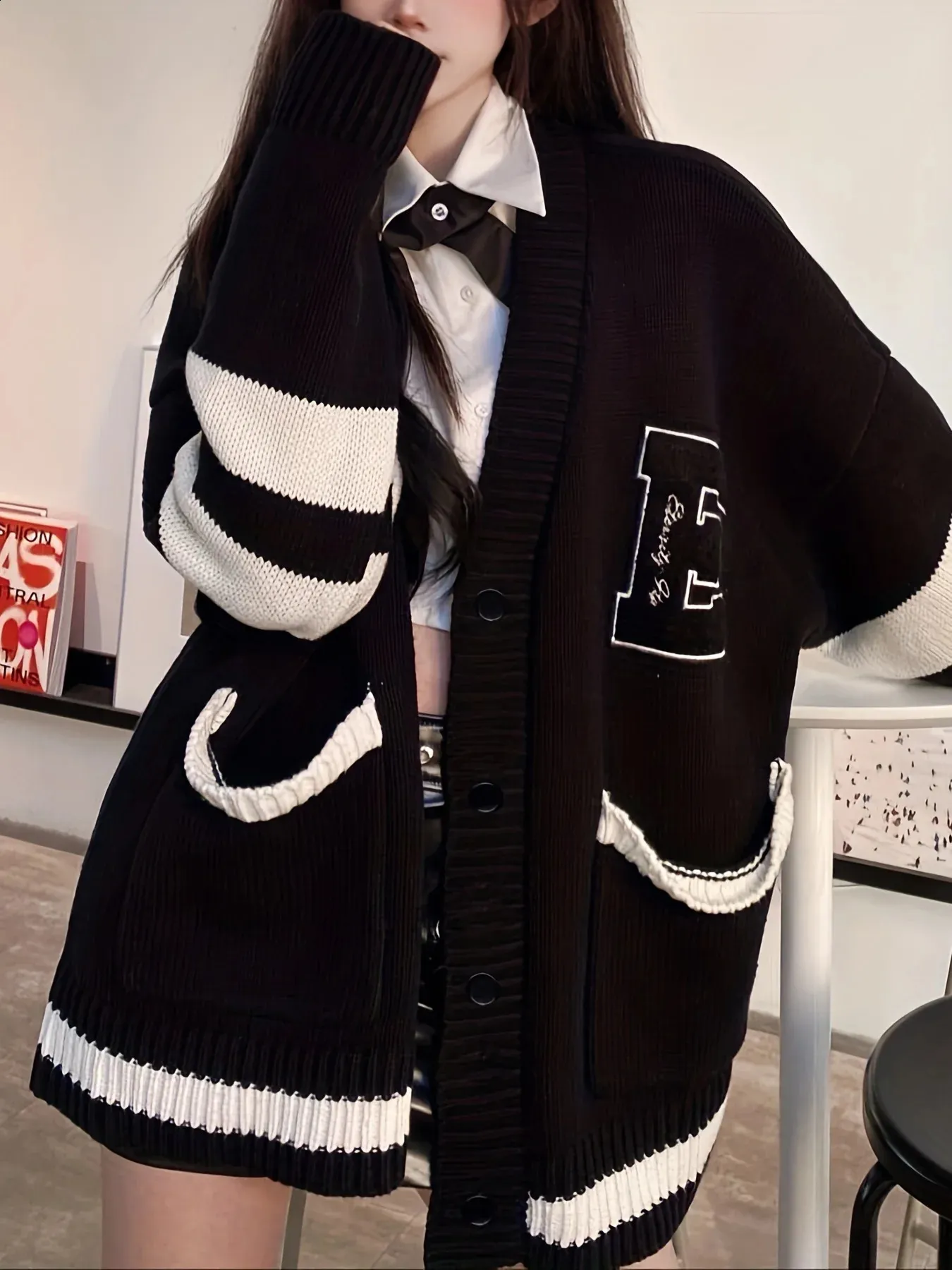 Vintage Embroidered Sweater: Womens V Neck Preppy Cardigan, Loose