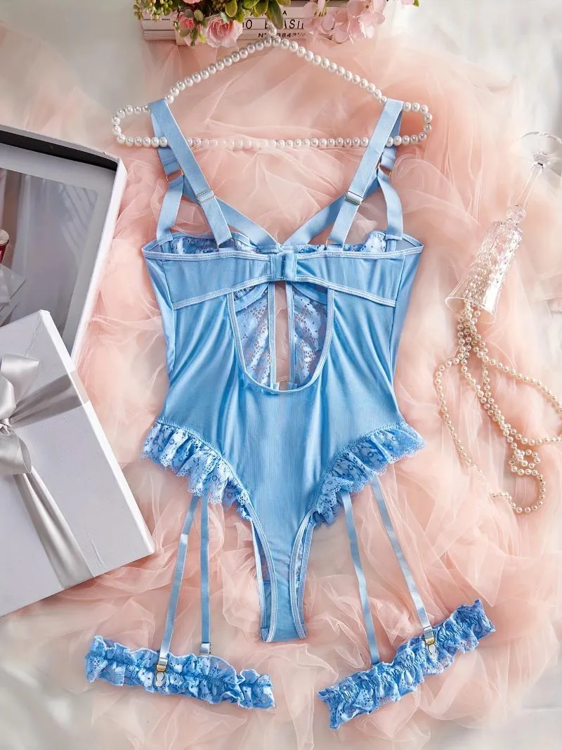 sexy light blue lingerie Coquette Sexy Lace Underwire Cups Garter Bra Set Blue main image 1