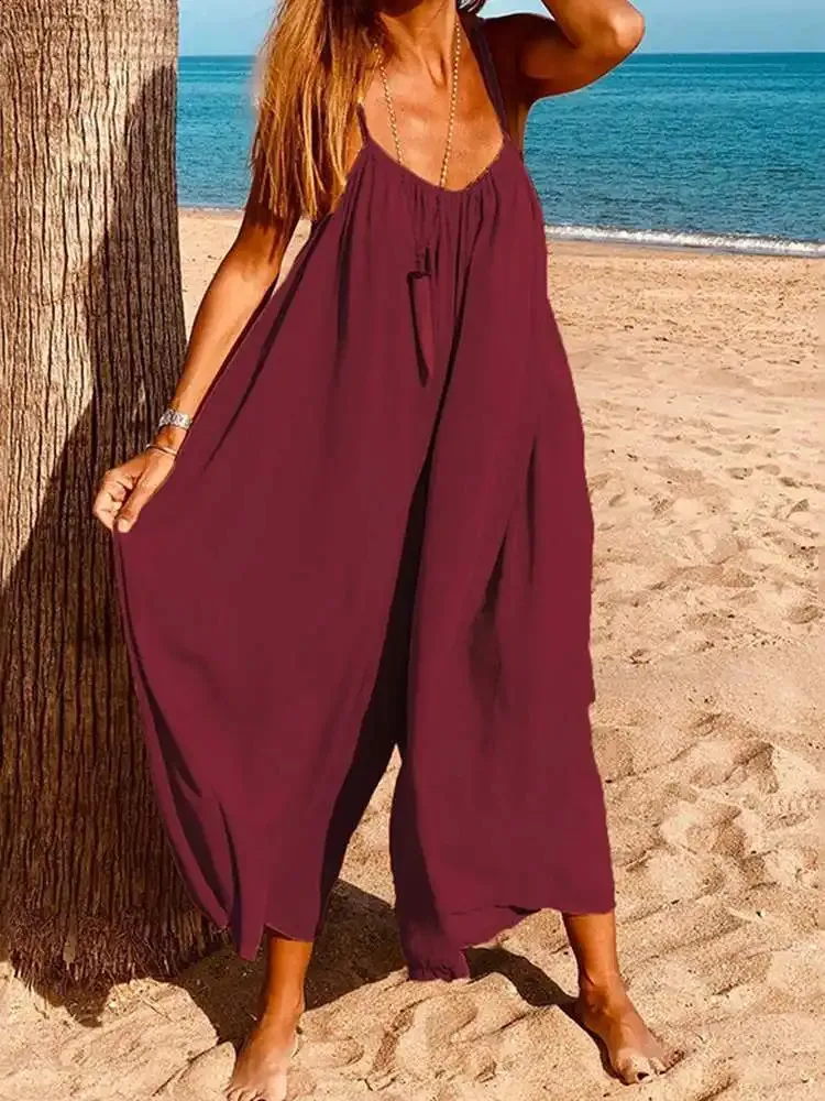 Combinaison Pantalon Long Pour Femme Sans Manches - Col En V, Jambes Larges, En Polyester-spandex, Avec Ceinture