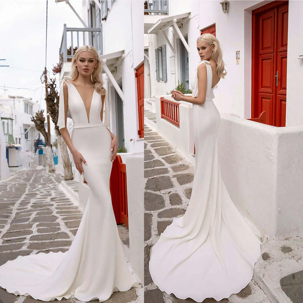 chinese dress ladies Trumpet Mermaid Backless Long Sleeve Deep V Neck Wedding Dress