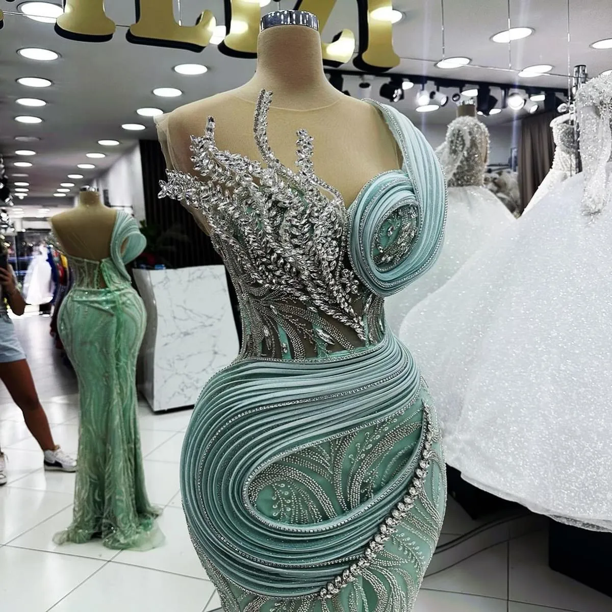 Plus Size Sage Green Lace Mermaid Prom Dress - Elegant Evening Gown with  Crystals