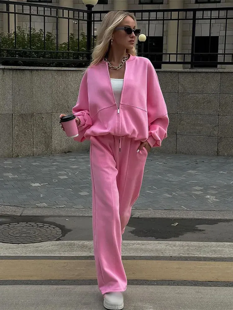 Save Big on Bulk Women's Full Tracksuits Tracksuits For Women Autumn Casual  Loose Fit: Round Neck Long Sleeve Zipper Coat Straight Leg Pants Set