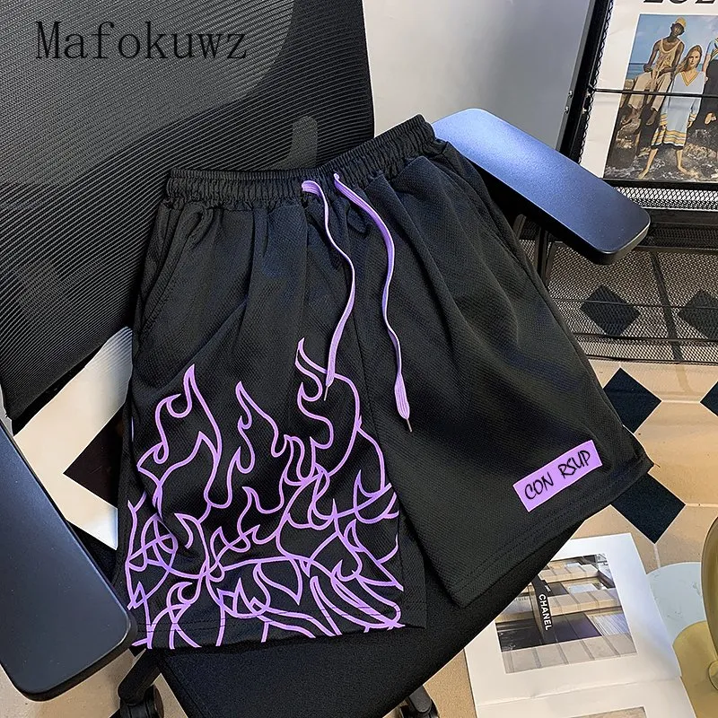 Men s 2024 Summer Flame Printed Breathable Basketball Shorts Casual Loose Fit Sportswear