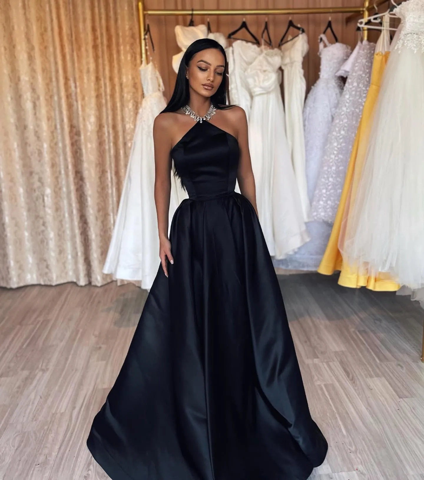 Halter Satin Long A-line Beaded Top Shiny Prom Dresses, Cheap Prom Dresses, PD0356