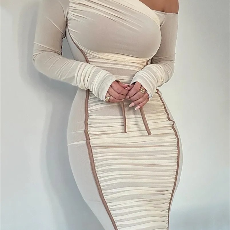 Elegant Plunge Neck Long Sleeve Midi Dress Ruched Bodycon for