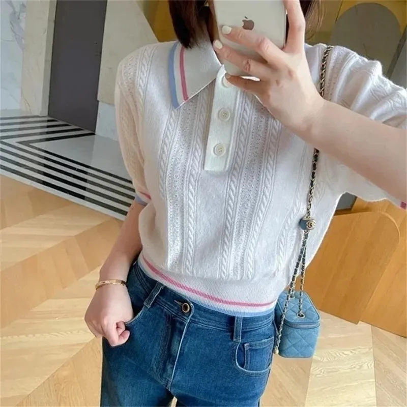 Preppy Style Women Hollow Out Sweater Stripes Turn Down Collar