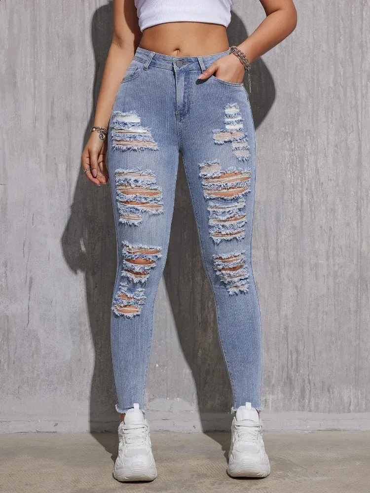 Jean En Jean Ennemi Ripped Women Jean Skinny À Taille Haute Avec