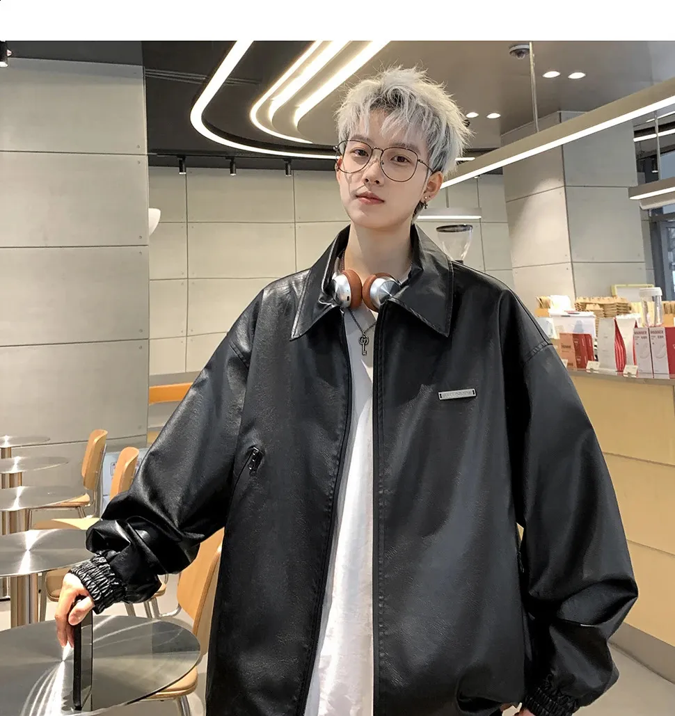 Mens Genuine Leather Jacket Casual Loose Fit Solid Color Autumn