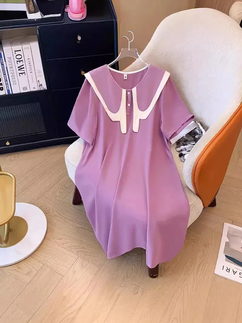 Plus Size Summer Doll Collar Straight Tube dress - 150Kg, Short Sleeved, Bust 155, Black/Purple (5XL-9XL)