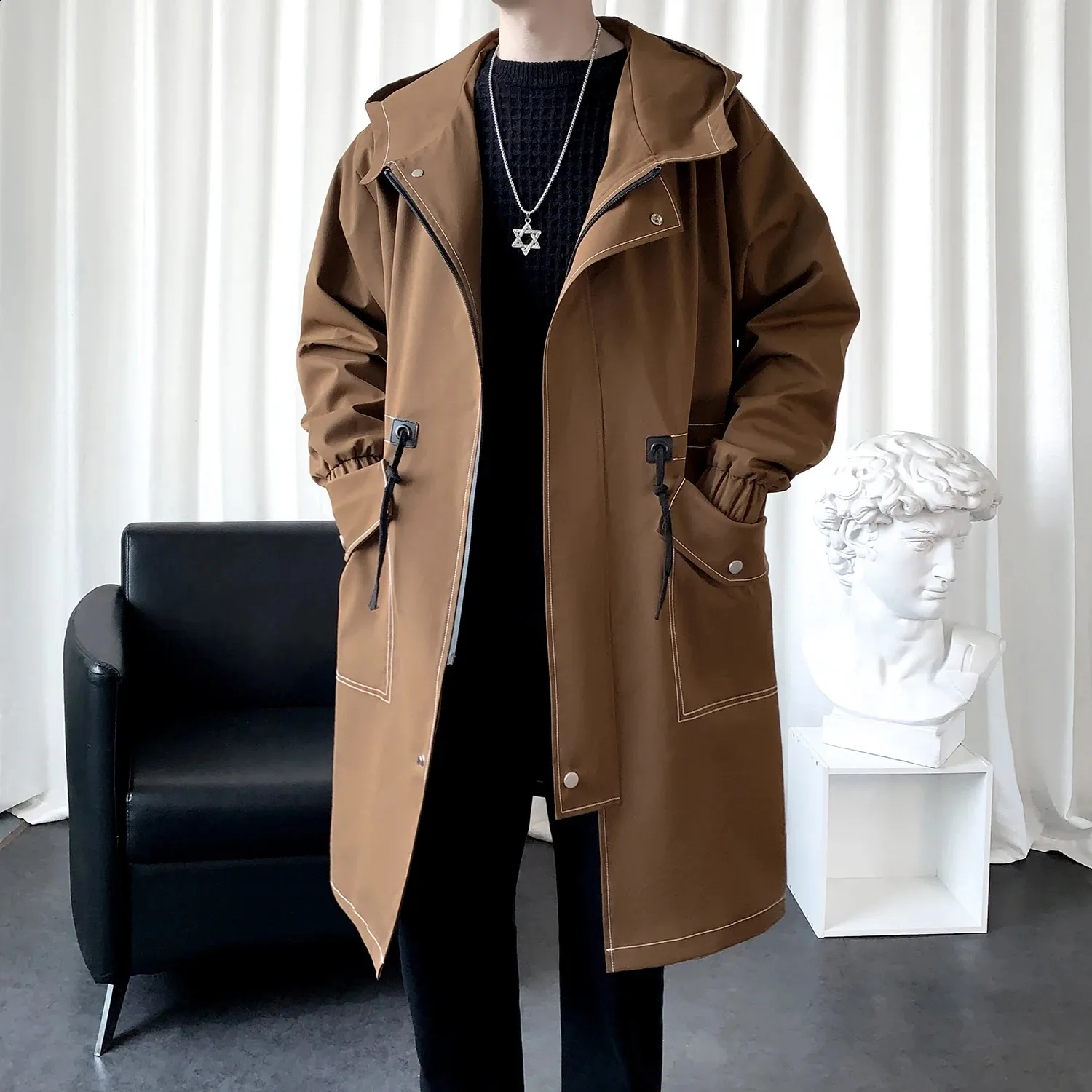 Hooded Trench Coat Mens: Autumn Long Windbreaker, Single Breasted