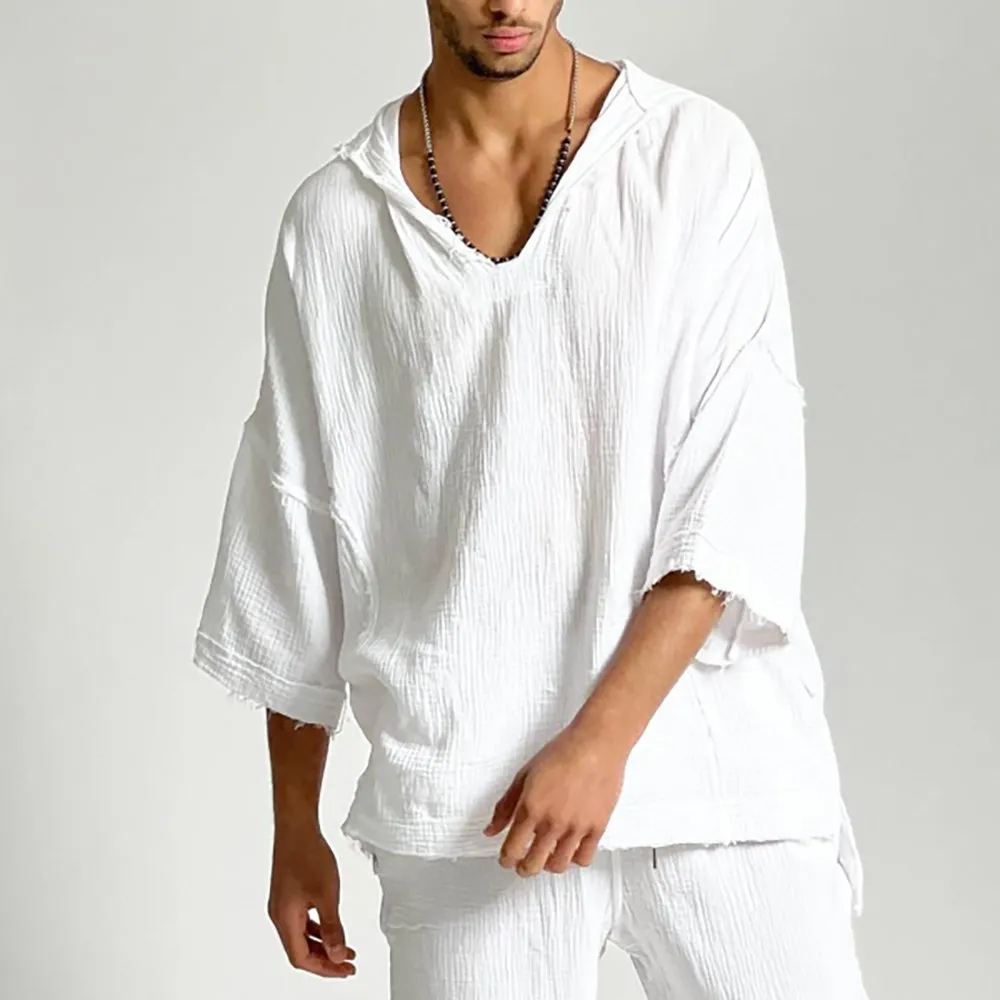 2024 Spring/Summer Mens Linen Hooded Mens White Linen Shirt 3/4 
