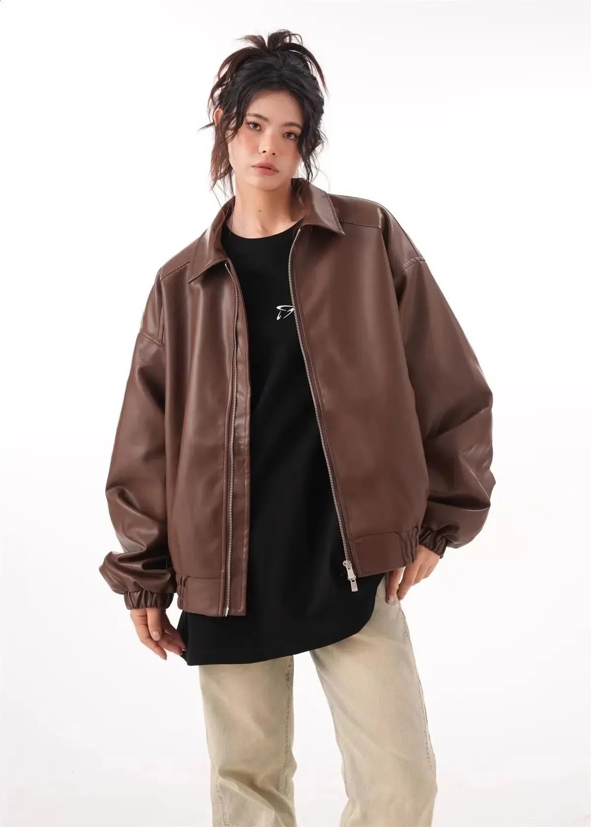 Faux PU Leather Rider Jacket For Women Vintage Long Sleeve